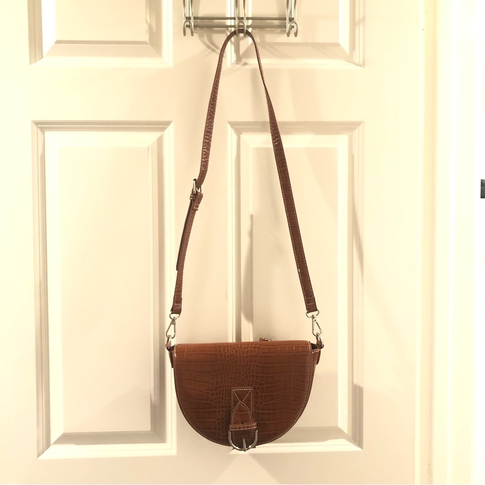 Brown Faux Croc Leather Buckle Crossbody Bag - Picture 6 of 13